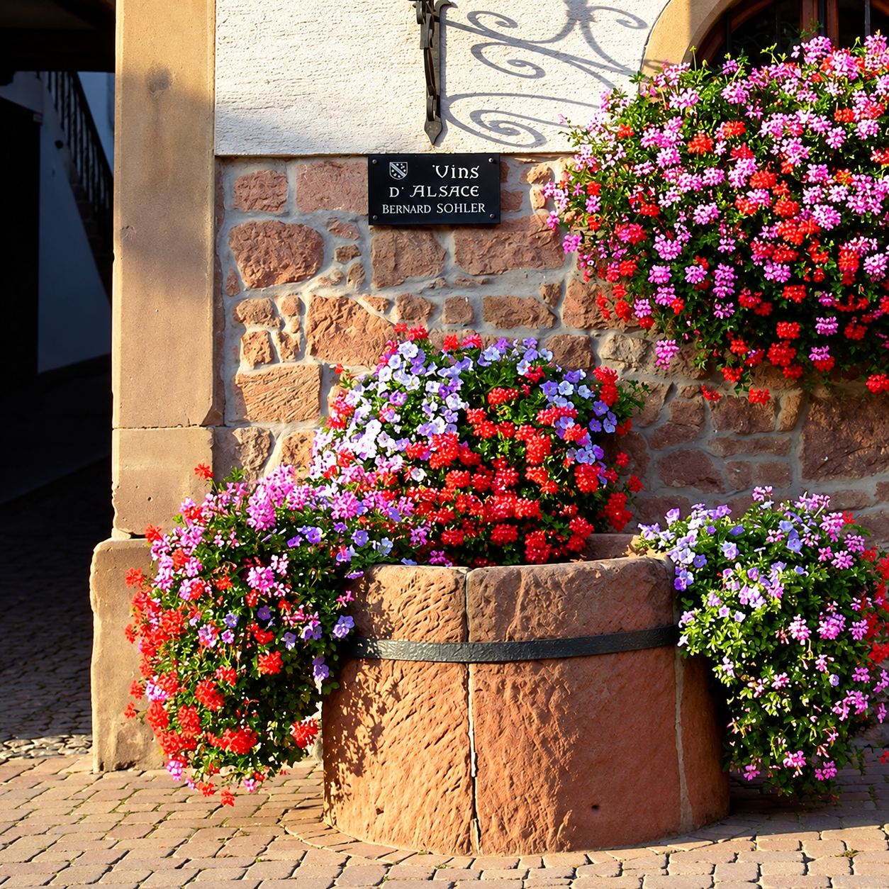Une plaque « Vins d'Alsace Bernard Sohler » est fixée sur un mur en pierre, entourée de géraniums rouges, roses et mauves qui débordent d'un puits en grès.