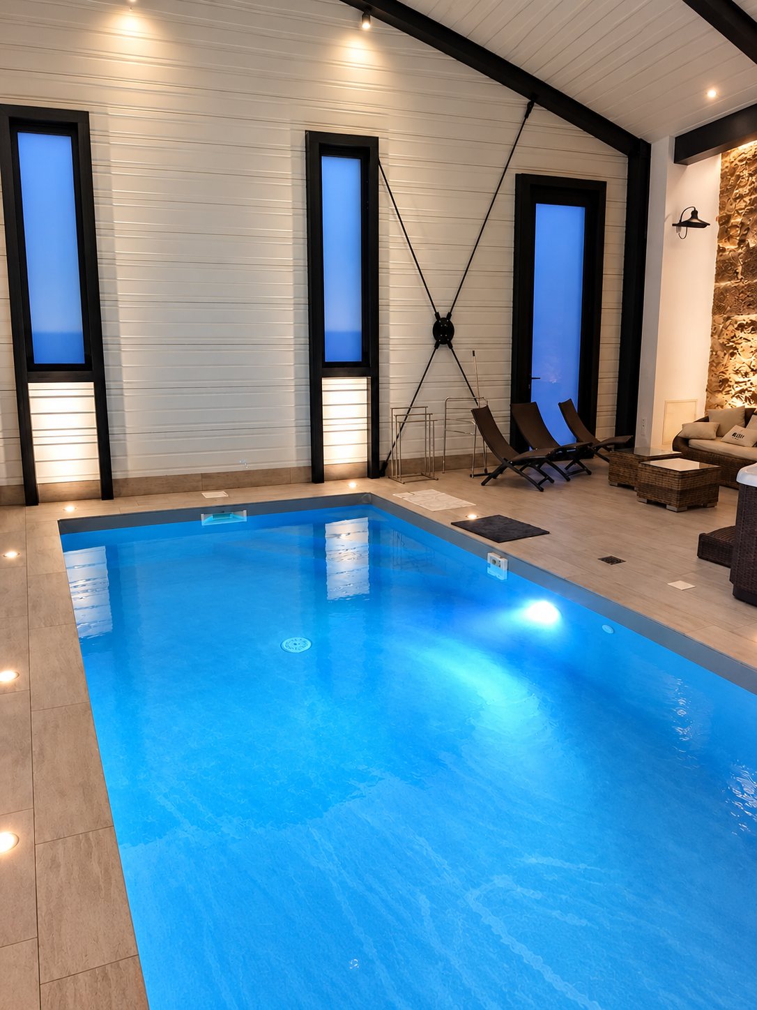 Piscine intérieure à l'eau bleue éclairée, avec de hautes baies vitrées, des chaises longues et un coin salon devant un mur en pierre.