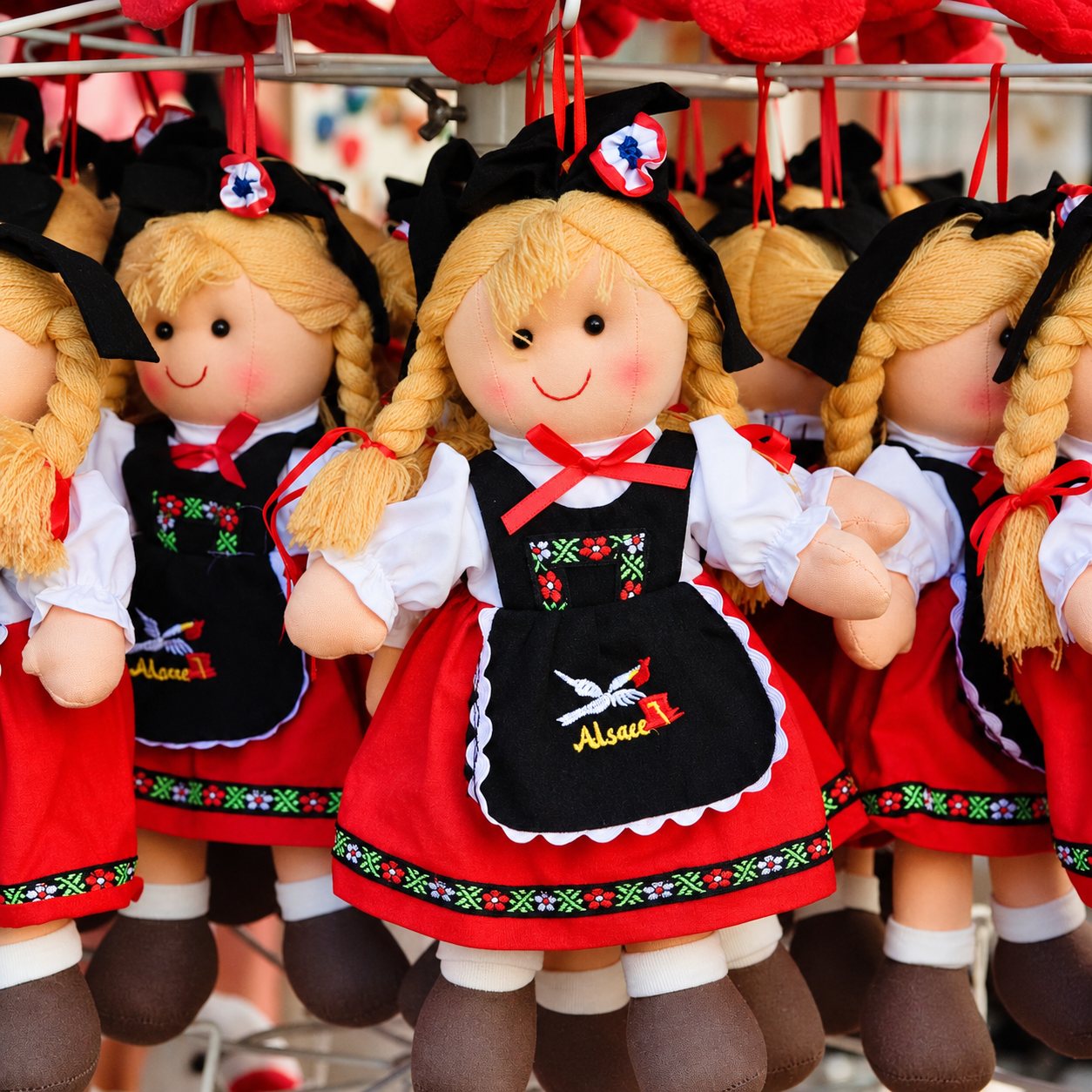 Des poupées de chiffon en costume alsacien traditionnel, avec tabliers noirs brodés du mot Alsace, sont suspendues à un présentoir.